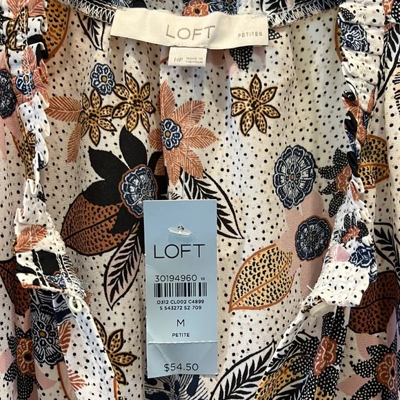 Ann Taylor LOFT Boho Floral Ruffle Split Neck Shell Blouse - Picture 7 of 8